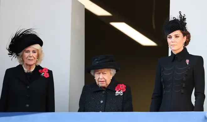 The Duchess of Cornwall, the Queen and the Duchess of Cambridge watch the service at the Cenotaph