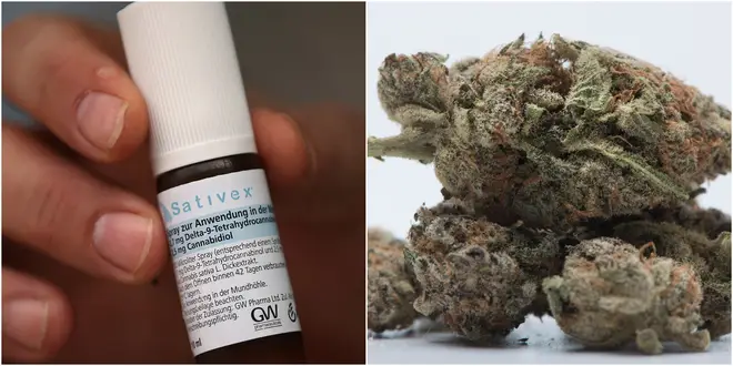 Sativex mouth spray used in Germany (left) and medicinal cannabis (right)