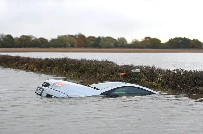A car floating in the water on the outskirts of Fishlake, Doncaster