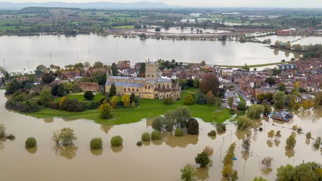 An aerial view of flooding around Tewkesbury Abbey, in Tewkesbury, Gloucestershire