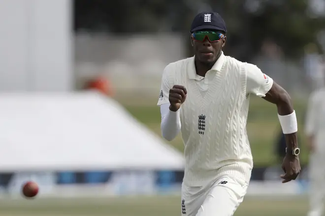 England's Jofra Archer runs to field the ball during play on day two of the first cricket test between England and New Zealand.
