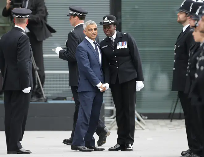 London Sadiq Khan (left) with Metropolitan Police Superintendent Novlett Robyn Williams (centre)