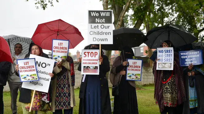 Protesters near the Birmingham school