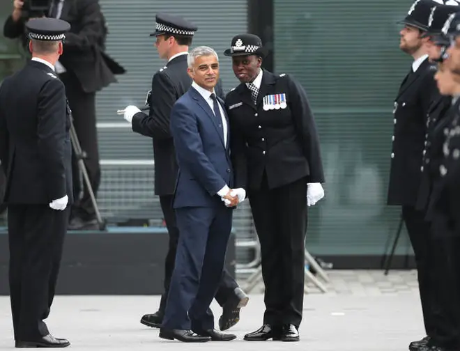 London Mayor Sadiq Khan (left) with Metropolitan Police Superintendent Novlett Robyn Williams (centre).