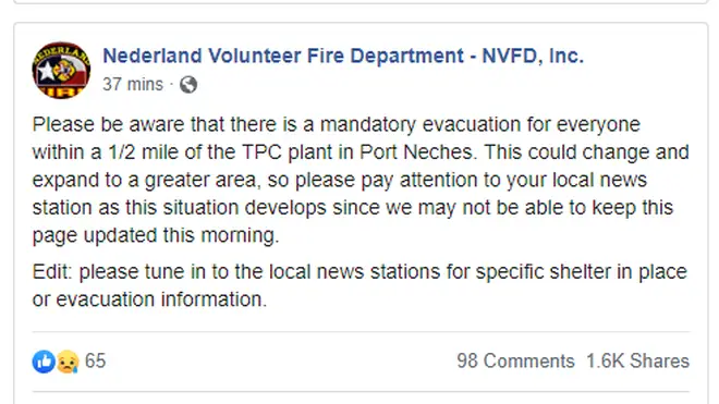 The local fire department posted on Facebook to advise residents of the evacuation