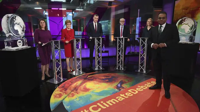 L-R: An ice sculpture, Liberal Democrat leader Jo Swinson, SNP leader Nicola Sturgeon, Plaid Cymru leader Adam Price, Labour Leader Jeremy Corbyn, Green Party Co-Leader Sian Berry, and another ice sculpture on last night's debate
